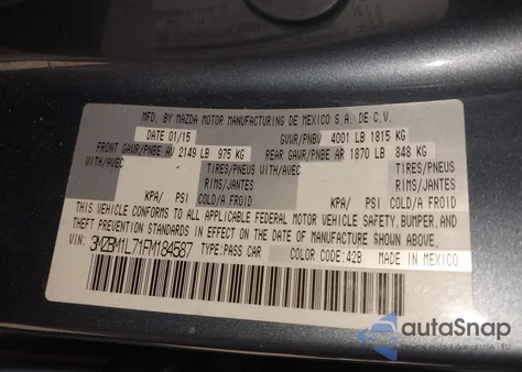 2015 Mazda Mazda3 I Touring z USA, uszkodzony, nr VIN 3MZBM1L71FM184587